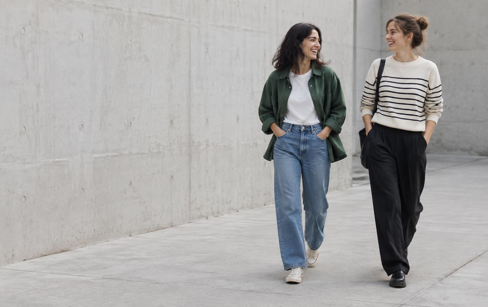 Twee vriendinnen in denim, een groen overhemd en een gestreepte trui