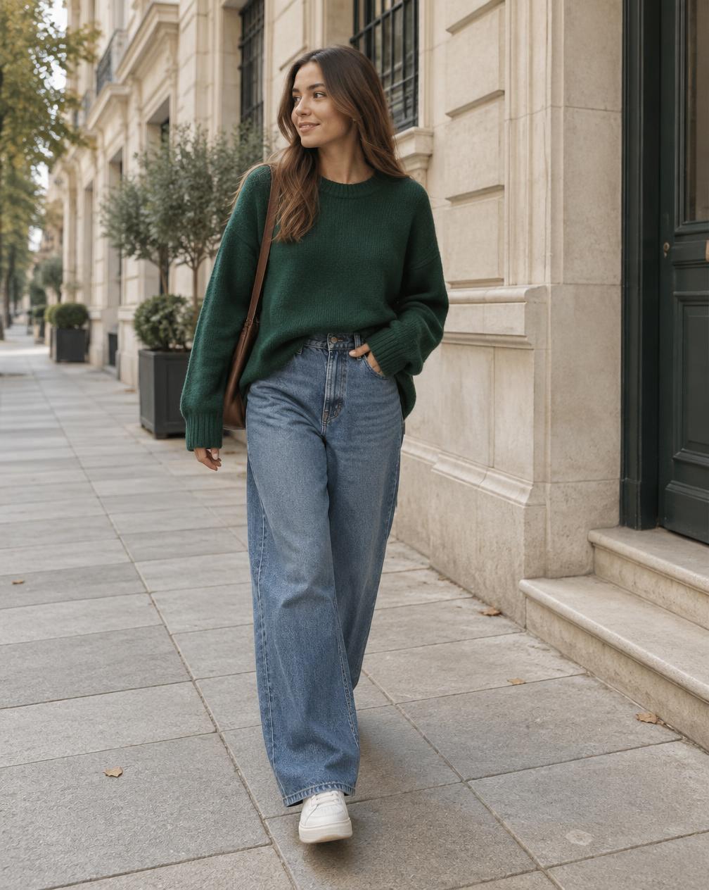 Een groene sweater met denim voor ontspannen dagen